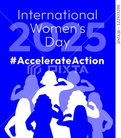 International Women's Day 2025 poster. Accelerate Action campaign pose. Diverse women in silhouettes show strong arm with clenched fist in solidarity and support for women's rights and gender equality 122933200