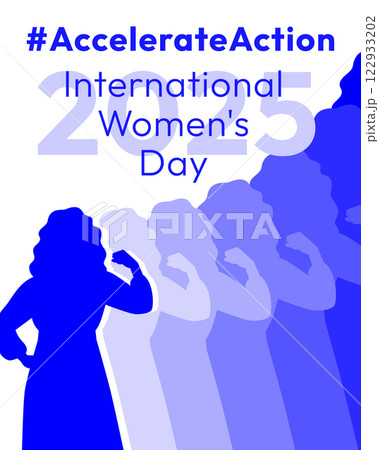 International Women's Day 2025 poster. Accelerate Action campaign pose. Woman in silhouette demonstrates strength gesture with arm to show solidarity and support for women's rights and gender equality International Women's Day 2025 poster. Accelerate Action campaign pose. Woman in silhouette demonstrates strength gesture with arm to show solidarity and support for women's rights and gender equality 122933202