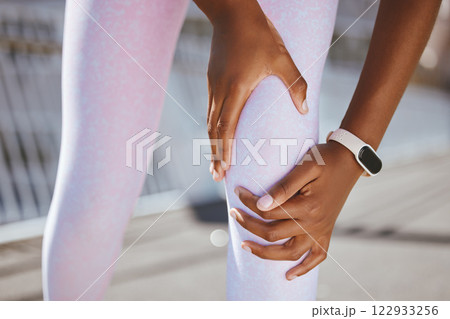 Black woman, hands or knee pain from running, workout or city training for wellness, health or cardio. Zoom, runner or sports injury from fitness workout accident, stress burnout or medical emergency 122933256