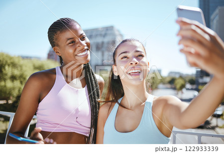Fitness, woman and friends for phone selfie in exercise, training or workout together outside in the city. Active female in friendship smile for fun cardio or sports photo with mobile smartphone Fitness, woman and friends for phone selfie in exercise, training or workout together outside in the city. Active female in friendship smile for fun cardio or sports photo with mobile smartphone 122933339