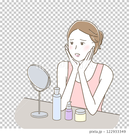 A woman looking at the mirror with skin problems A woman looking at the mirror with skin problems 122933349