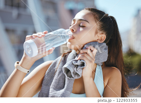 Fitness, woman and water drink for hydration in exercise, workout or training in the city outdoors. Active and athletic female runner drinking refreshing aqua liquid for healthy sports 122933355