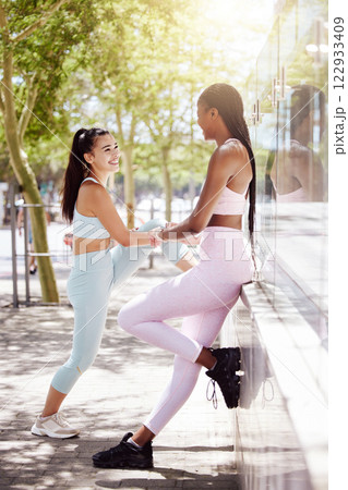 Fitness, health and friends stretching before outdoor run or cardio workout together in nature. Happy, motivation and interracial women outside for exercise with wellness, healthy and sport lifestyle Fitness, health and friends stretching before outdoor run or cardio workout together in nature. Happy, motivation and interracial women outside for exercise with wellness, healthy and sport lifestyle 122933409