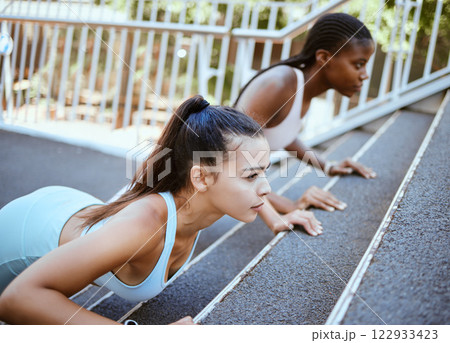 Push ups, personal trainer and women workout on bridge for outdoor training or accountability. Wellness, fitness and strong athlete people exercise together for healthy lifestyle goal and support 122933423