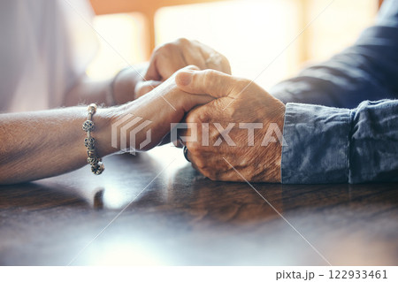 Support, hope and old couple love holding hands together to show empathy, gratitude and solidarity in marriage. Trust, old man and elderly woman care, respect and help each other in retirement life 122933461