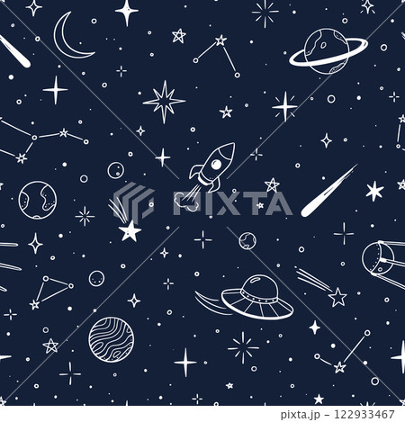 Space star vector seamless pattern. Hand drawn doodle sketch line style galaxy planet star, rocket, moon cute kid seamless pattern. Space planet kid doodle background. Vector 122933467