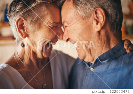 Happy senior couple, laughing and forehead faces in joyful happiness and love for relationship together at home. Closeup of elderly man and woman laugh and smile in funny, loving and touching moment 122933472