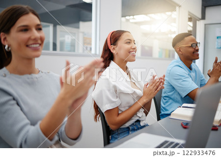 Applause, education and university students in classroom learning in seminar, vision and training. Support, community and study with people in college workshop for goals, development and success 122933476