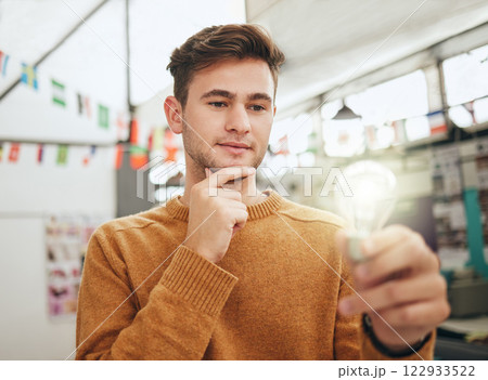 Thinking student, lightbulb ideas and problem solving solution for innovation, learning vision and campus college education. University man, nerd and brain planning mindset, inspiration and question 122933522