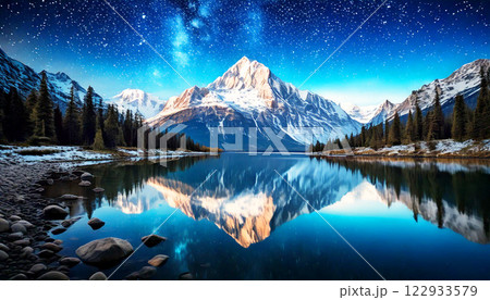 A breathtaking landscape featuring towering snow-capped mountains under a starry night sky. The scene is mirrored perfectly in the calm waters of a tranquil lake, creating a stunning reflection 122933579