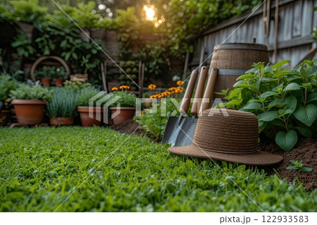 Garden with a hat and a shovel on the grass 122933583