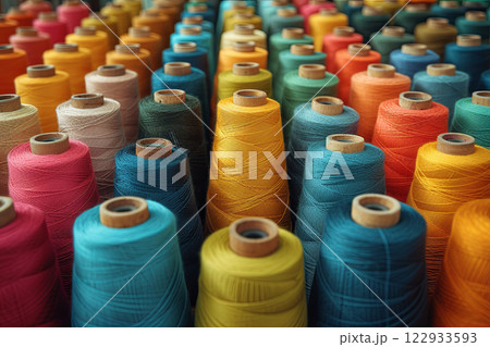 Bunch of colorful yarns are displayed in row. Colors are bright and vibrant, creating cheerful and lively atmosphere 122933593