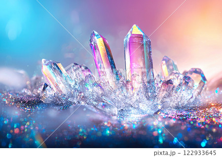 Iridescent crystals forming on a dark surface, illustrating the dynamic process of natural 122933645
