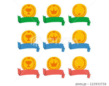 金メダルと横長ロールリボンのシンプルでポップなイラストセット 122933738