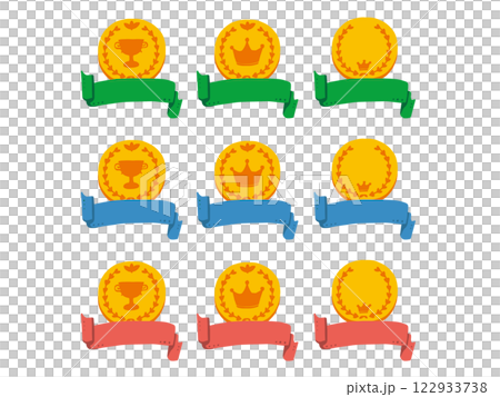 A simple and pop illustration set of a gold medal and a horizontal roll ribbon 122933738