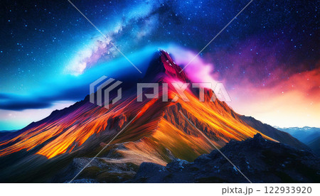 A mesmerizing surreal landscape of a majestic mountain peak bathed in vibrant colors, illuminated by a cosmic night sky. The glowing ridges and flowing hues create a dreamlike 122933920