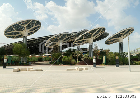 Dubai, UAE - September 30, 2024 EXPO CITY DUBAI Solar panels and tall structures in the form of open mushrooms. Editorial 122933985