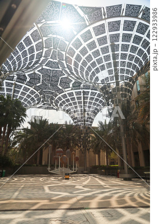 Dubai, UAE - September 30, 2024 EXPO CITY DUBAI Solar panels and tall structures in the form of open mushrooms. Editorial 122933986