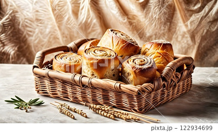 A straw basket filled with freshly baked buns and rolls, sprinkled with sesame seeds. 122934699