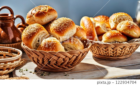 A straw basket filled with freshly baked buns and rolls, sprinkled with sesame seeds. 122934704