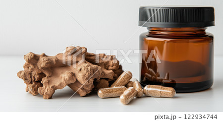 Yohimbe bark and herbal capsules in brown glass jar, showcasing natural health Yohimbe bark and herbal capsules in brown glass jar, showcasing natural health 122934744