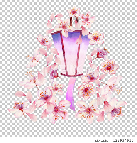 Lantern with sakura flowers on a white background. Spring blooming cherry blossom flowers for Hanami festival. Delicate shades of pink, lilac, purple petals. Watercolor template for card, poster 122934910