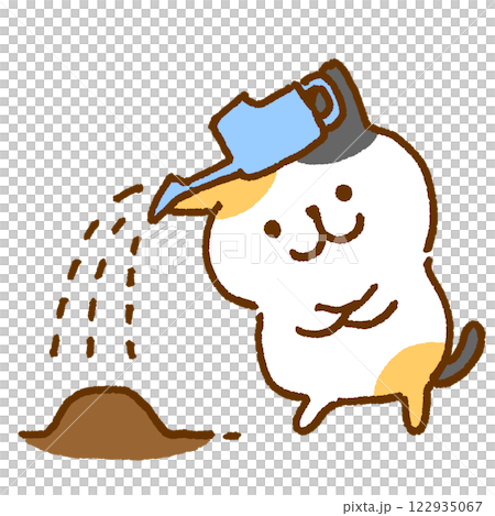 Character illustration of a calico cat watering the soil with a watering can 122935067