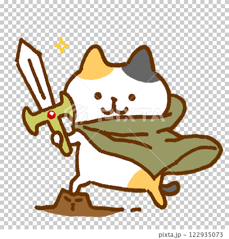 Character illustration of a brave calico cat holding a sword Character illustration of a brave calico cat holding a sword 122935073