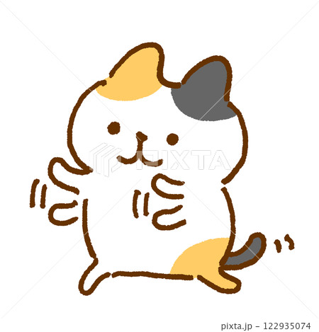 両手を上下に振って踊る三毛猫のキャラクターイラスト 122935074