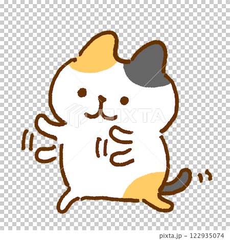両手を上下に振って踊る三毛猫のキャラクターイラスト 122935074