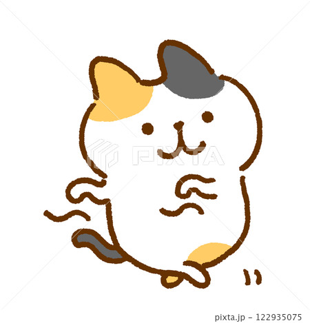 両手をくねらせて踊る三毛猫のキャラクターイラスト 122935075
