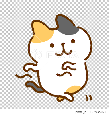 両手をくねらせて踊る三毛猫のキャラクターイラスト 122935075