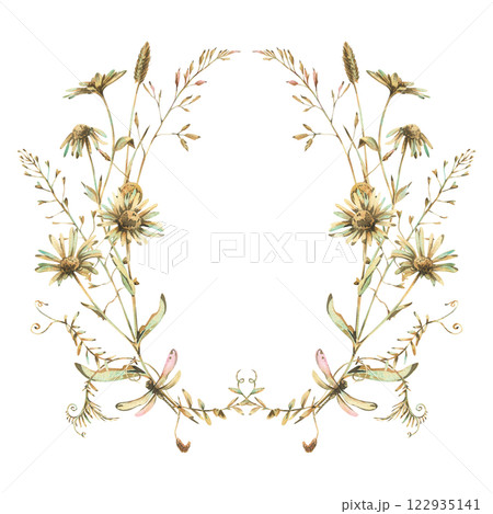 Field, meadow, wild flowers and herbs chamomile, meadow bluegrass and dragonfly. Watercolor illustration hand-drawn in beige, brown and ocher colors. Circle wreath frame isolated from background Field, meadow, wild flowers and herbs chamomile, meadow bluegrass and dragonfly. Watercolor illustration hand-drawn in beige, brown and ocher colors. Circle wreath frame isolated from background 122935141