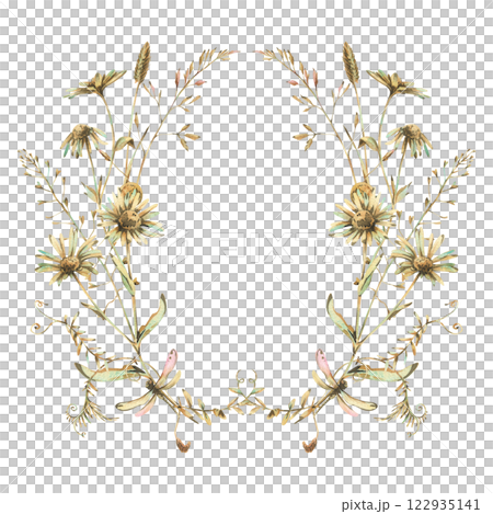Field, meadow, wild flowers and herbs chamomile, meadow bluegrass and dragonfly. Watercolor illustration hand-drawn in beige, brown and ocher colors. Circle wreath frame isolated from background Field, meadow, wild flowers and herbs chamomile, meadow bluegrass and dragonfly. Watercolor illustration hand-drawn in beige, brown and ocher colors. Circle wreath frame isolated from background 122935141