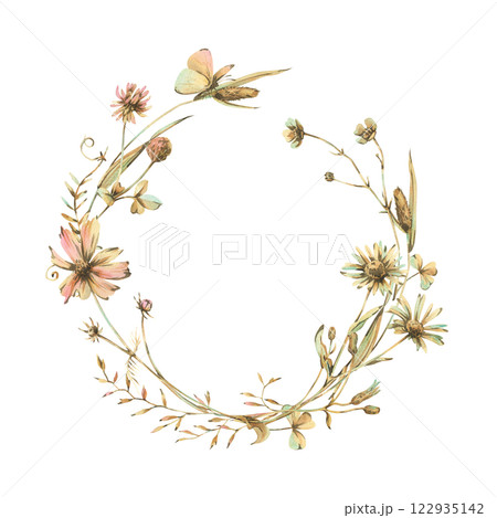 Field, meadow, wild flowers and herbs cosmos, chamomile and butterfly. Watercolor illustration hand drawn in beige, brown and ocher colors. Circle wreath frame isolated from background 122935142
