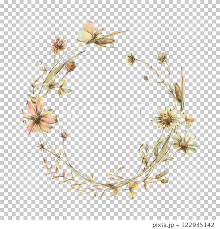 Field, meadow, wild flowers and herbs cosmos, chamomile and butterfly. Watercolor illustration hand drawn in beige, brown and ocher colors. Circle wreath frame isolated from background 122935142