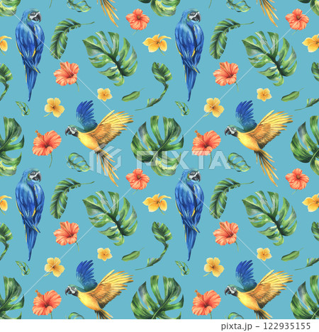 Tropical palm leaves, monstera and flowers of plumeria, hibiscus, bright with blue-yellow macaw parrot. Hand drawn watercolor botanical illustration. Seamless pattern on a blue background. 122935155