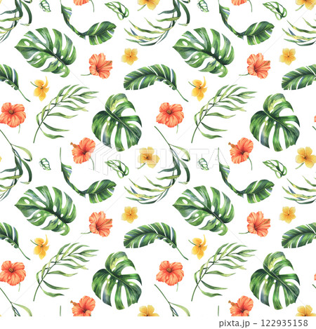 Tropical palm leaves, monstera and flowers of plumeria, hibiscus, bright juicy. Hand drawn watercolor botanical illustration. Seamless pattern on a white background 122935158