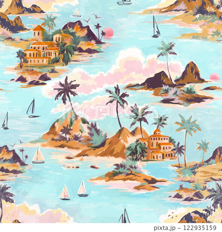 Beautiful vector tropical seamless pattern with hand drawn paradise islands with mountains and palm trees on beaches with ocean and clouds in sky. Ready tropical print design. Beautiful vector tropical seamless pattern with hand drawn paradise islands with mountains and palm trees on beaches with ocean and clouds in sky. Ready tropical print design. 122935159