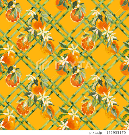 Beautiful vector seamless pattern with hand drawn bamboo lattice with oranges in vacation style. Ready print design. 122935170