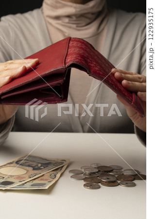 財布に残った現金をテーブルにばら撒く 122935175