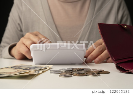 財布に残った現金をテーブルにばら撒く 122935182