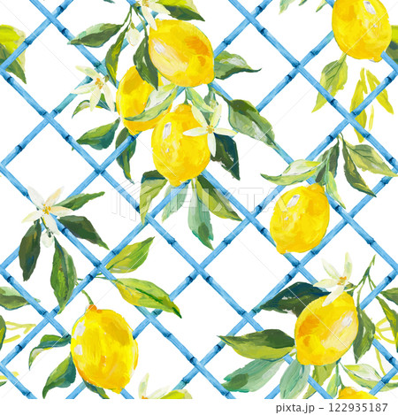 Beautiful vector seamless pattern with hand drawn bamboo lattice and lemons in vacation style. Ready print design. Beautiful vector seamless pattern with hand drawn bamboo lattice and lemons in vacation style. Ready print design. 122935187