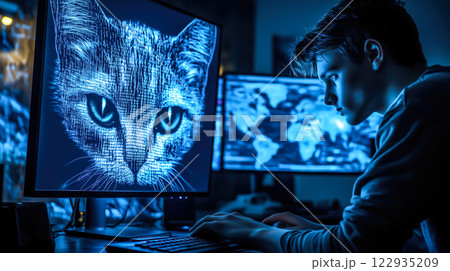 A man wears digital glasses and gazes at a holographic display. Futuristic technology and innovation. Generative AI. 122935209