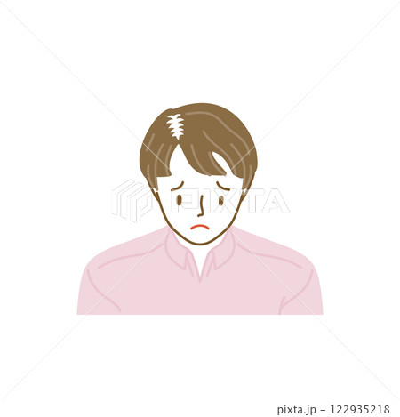 正面から見た髪の分け目が薄くなった薄毛の若い女性（俯瞰） 122935218