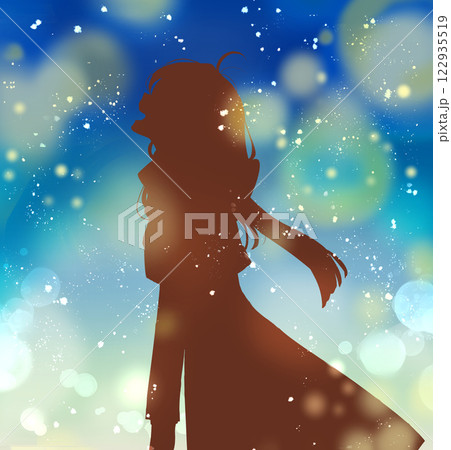 幸せそうな冬の女性　影絵　夜　雪　光 122935519