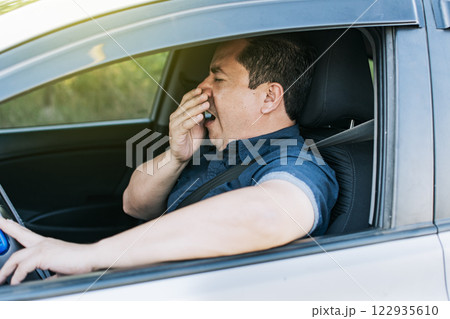 Tired driver yawning, concept of man yawning while driving. A sleepy driver at the wheel, a tired person while driving 122935610