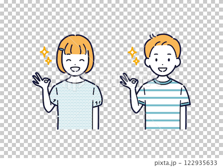Illustration set of energetic boys and girls making OK signs 122935633