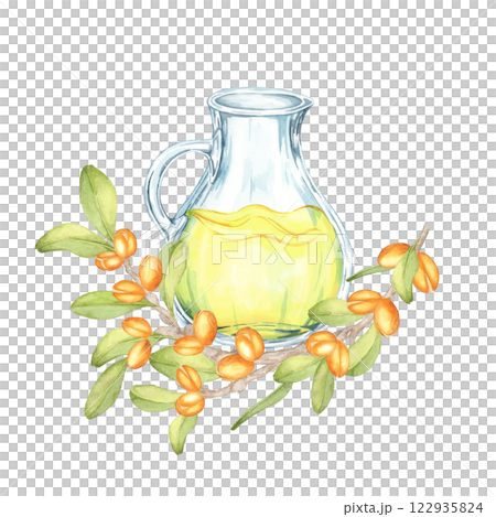 A watercolor clipart featuring a glass jar of yellow argan oil surrounded by orange fruits and green leaves. Perfect for wellness product branding, label designs, or advertisements. A watercolor clipart featuring a glass jar of yellow argan oil surrounded by orange fruits and green leaves. Perfect for wellness product branding, label designs, or advertisements. 122935824