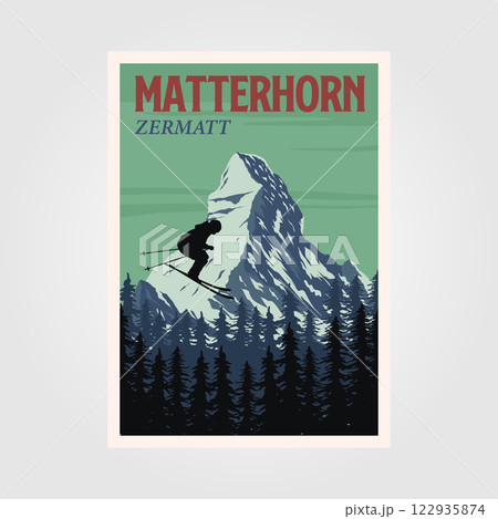 ski jumping at matterhorn mountain poster vintage illustration design, alpine mountain ski resort poster print ski jumping at matterhorn mountain poster vintage illustration design, alpine mountain ski resort poster print 122935874